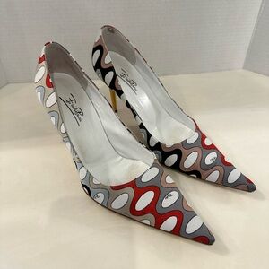 Emilio Pucci Red and Gray Polka Dot Heels